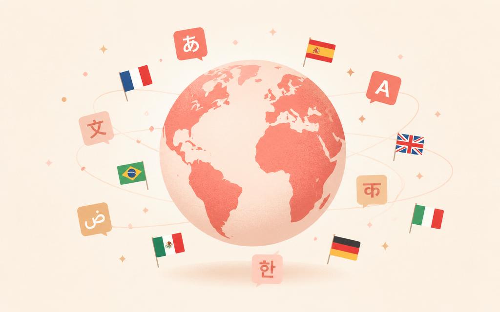 Globe entouré de lettres et drapeaux
